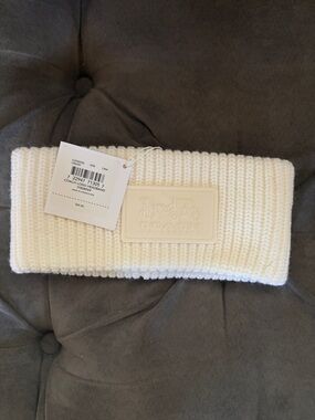 Coach Cream Ribbed Knit Headband with Embossed Coach Patch
